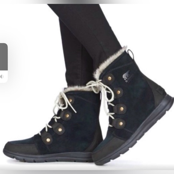 Sorel Shoes - Sorrel Explorer Joan Black Leather Suede Lace Up Faux Fur Winter Boots